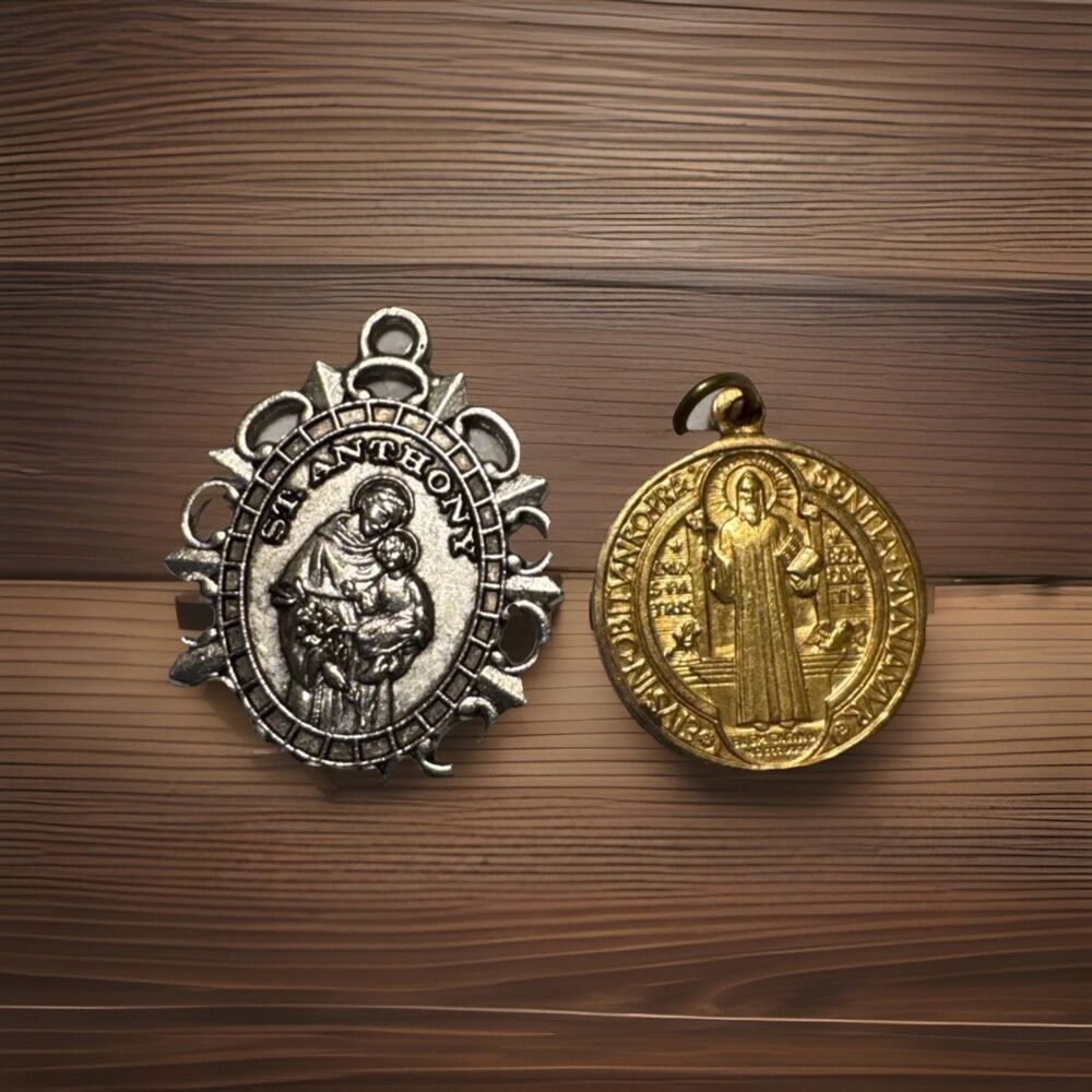 Catholic Medal Pendant Lot St Anthony Sunburst St Benedict Gold Tone Religious